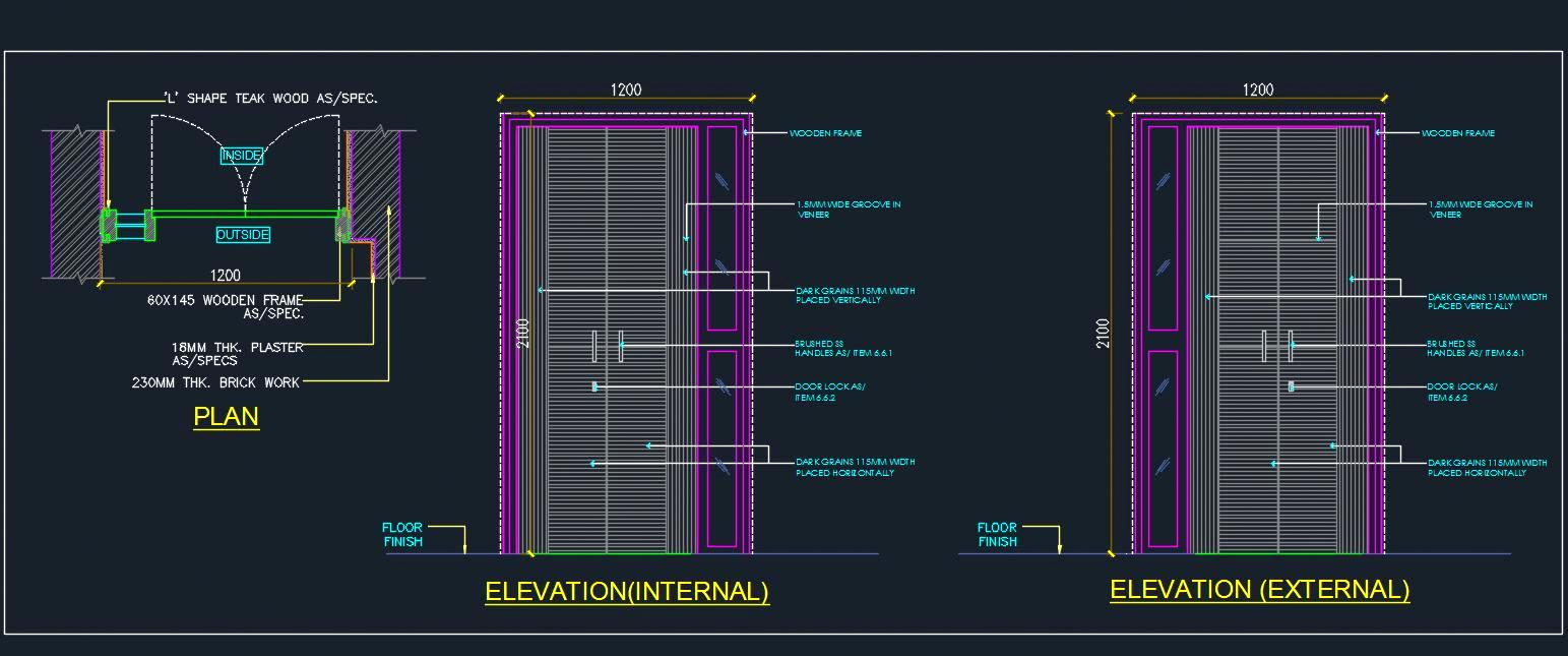 Veneer Main Door DWG with Glass Panel & Frame Sections